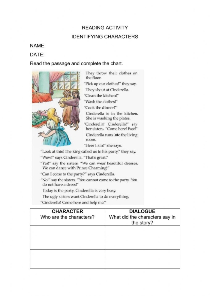 Third grade worksheet for recognizing characters and matching their dialogue