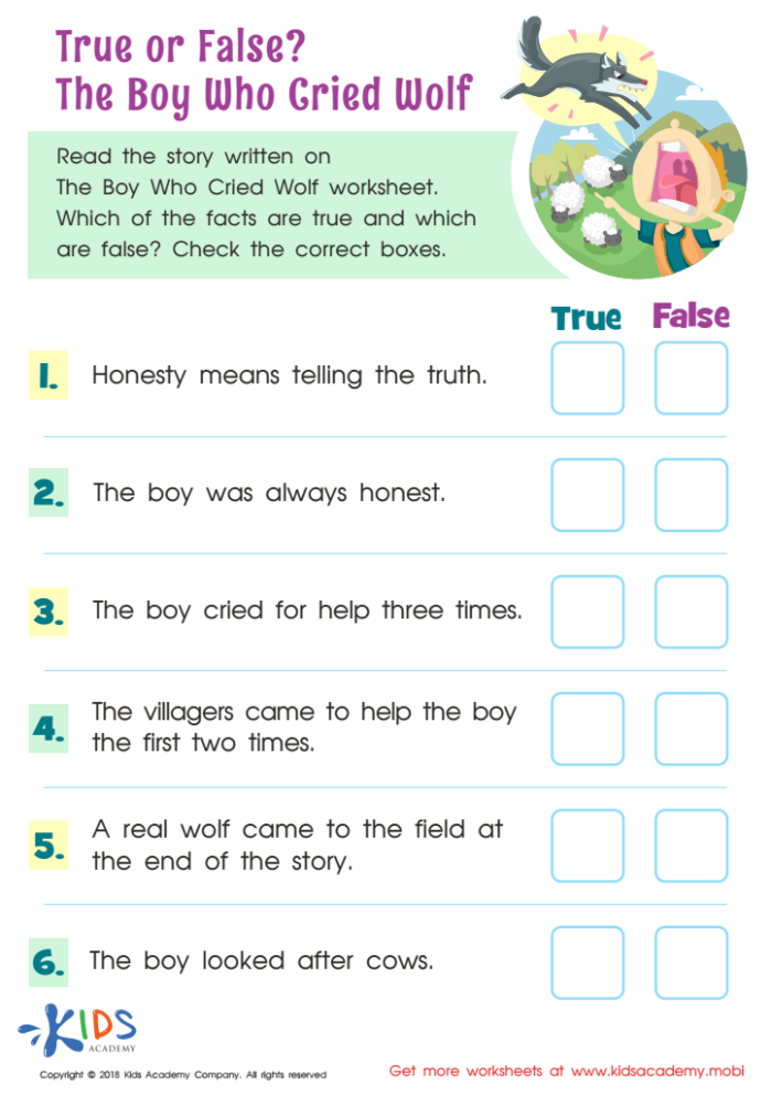 Fourth grade worksheet on character traits featuring The Boy Who Cried Wolf fable