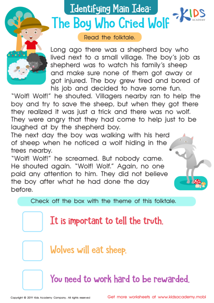 Fourth grade worksheet on character traits using The Boy Who Cried Wolf fable