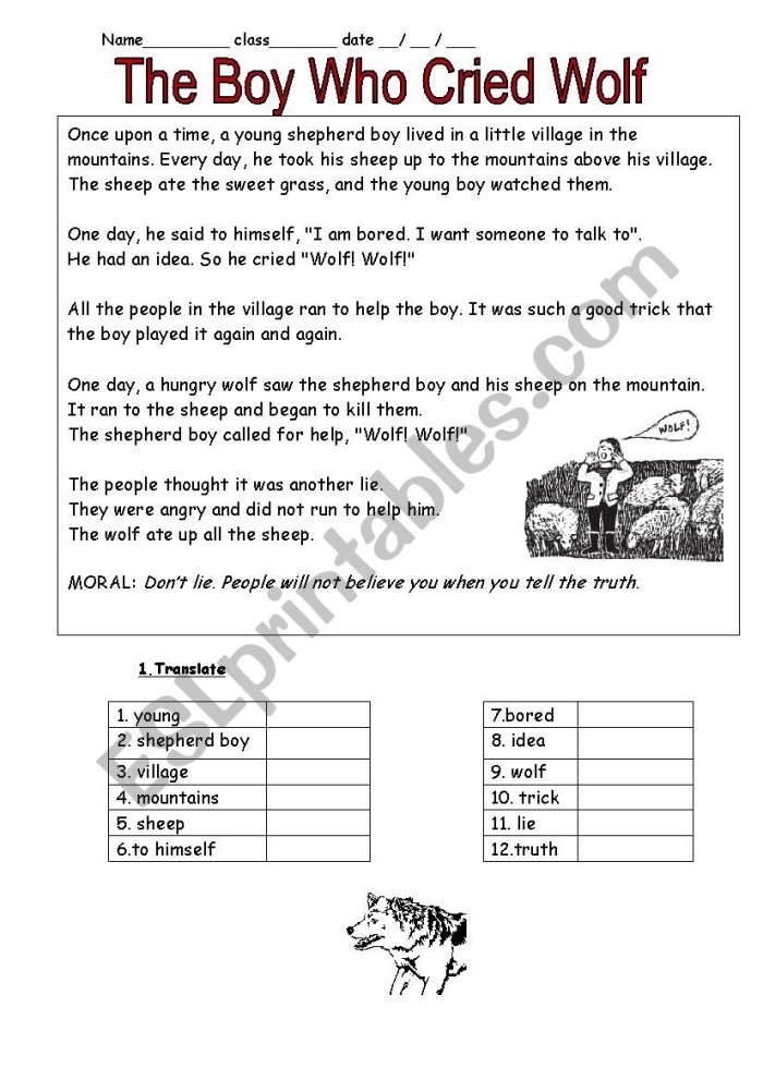 Fourth grade worksheet analyzing character traits in The Boy Who Cried Wolf fable