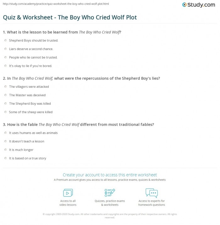 Fourth-grade worksheet analyzing character traits in The Boy Who Cried Wolf fable