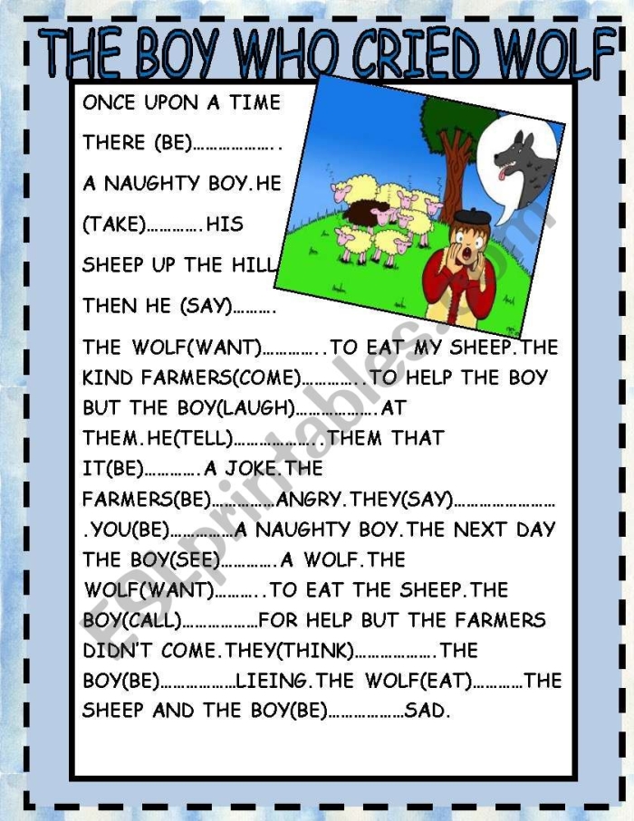 Fourth grade worksheet focused on evaluating character traits using The Boy Who Cried Wolf