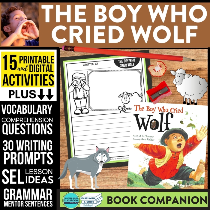Fourth grade students analyzing character traits in The Boy Who Cried Wolf worksheet