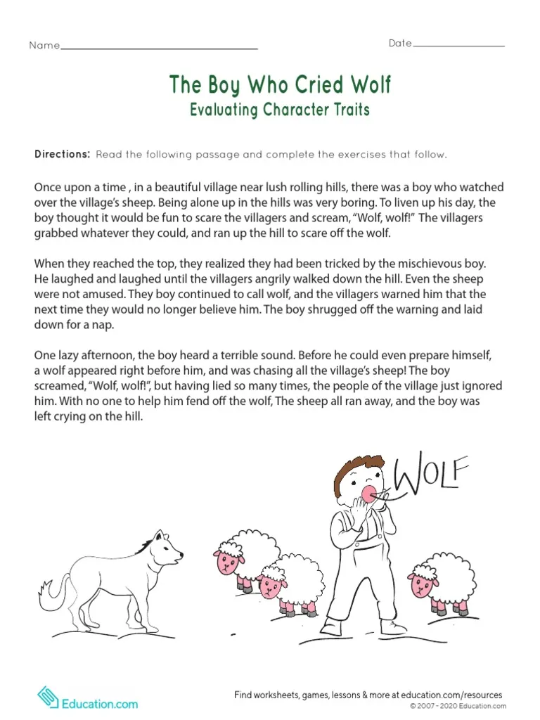 Fourth grade worksheet on character traits using The Boy Who Cried Wolf fable