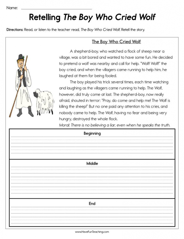 Fourth grade worksheet focused on character traits in The Boy Who Cried Wolf story