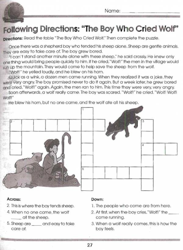 Fourth Grade worksheet on character traits featuring The Boy Who Cried Wolf story