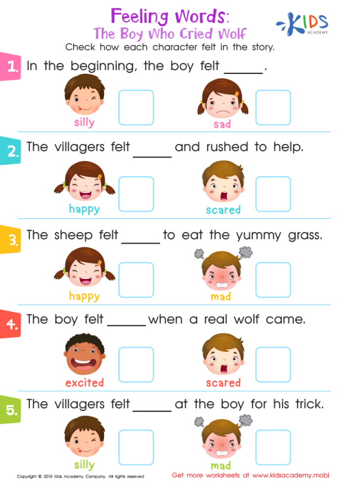 Fourth grade worksheet on character traits featuring The Boy Who Cried Wolf story