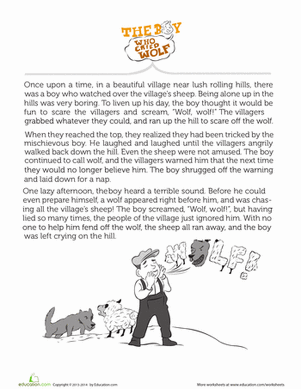 Fourth grade worksheet on Evaluating Character Traits using The Boy Who Cried Wolf fable