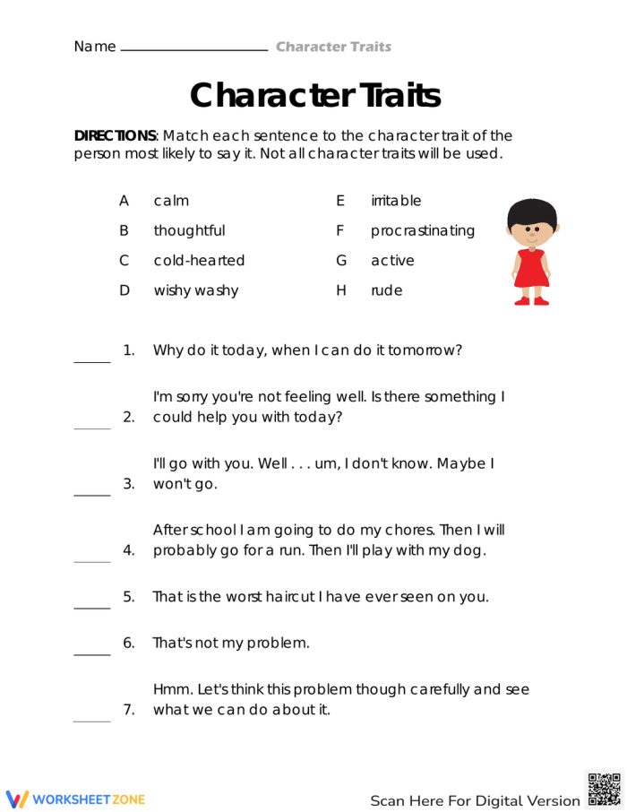 Fourth grade worksheet focusing on character traits in The Boy Who Cried Wolf