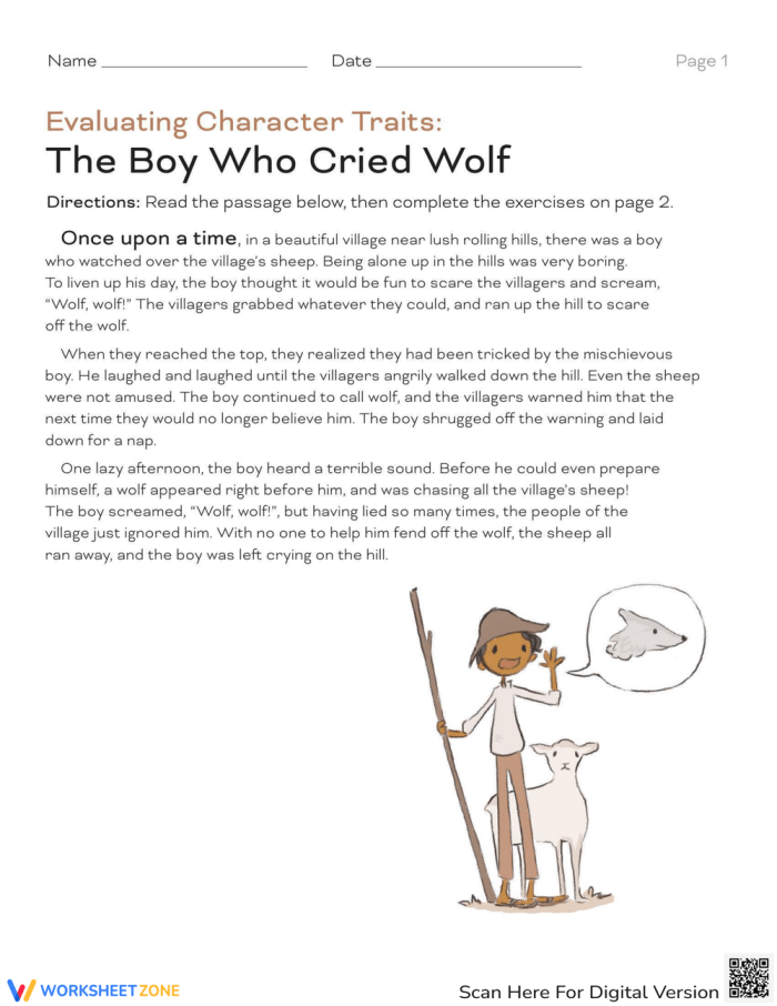 Fourth grade worksheet on character traits featuring The Boy Who Cried Wolf fable