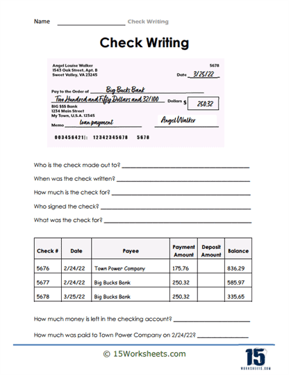 Check Writing worksheet for Fifth Grade