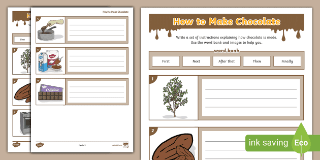 Discover how chocolate is made with this fun sequencing activity for young learners Second grade worksheet illustrating the steps in making chocolate for English Language Arts
