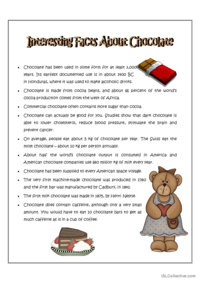 Fourth grade worksheet on chocolate facts and opinions for grammar practice