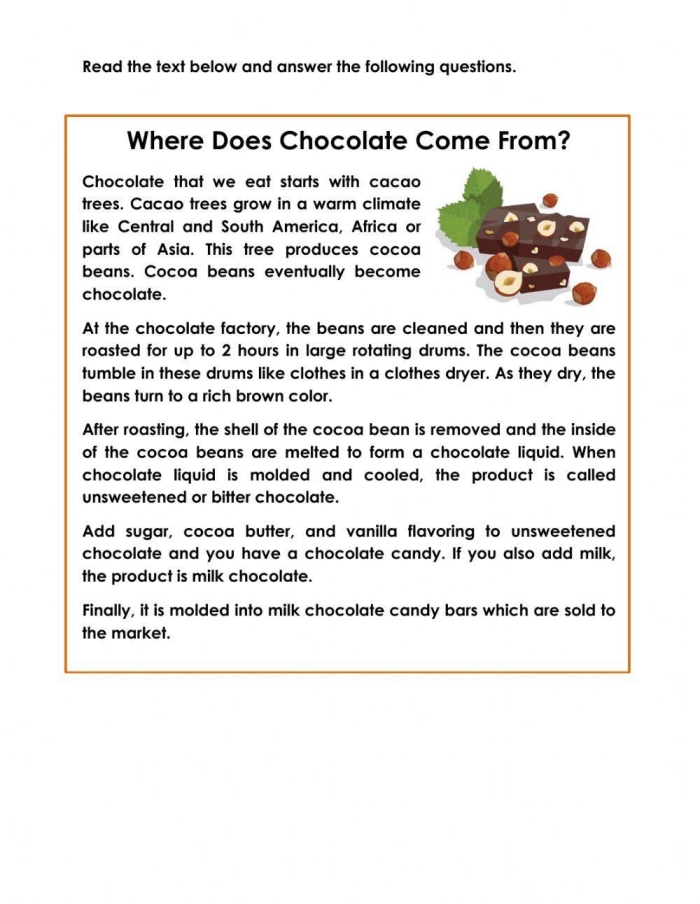 Step-by-step guide to how chocolate is made for young learners on worksheet five Second grade English worksheet illustrating the steps of chocolate production
