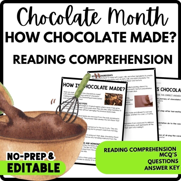 Chocolate making process worksheet image for second graders focusing on storytelling skills Second grade English worksheet illustrating the steps of making chocolate for sequencing practice