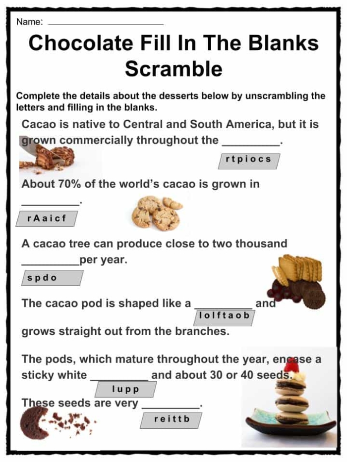 How Chocolate is Made worksheet for sequencing and language arts activities, image 21 Second grade English worksheet illustrating the steps of making chocolate for storytelling practice