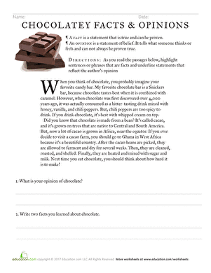 Fourth grade worksheet on chocolate facts and opinions with colorful illustrations