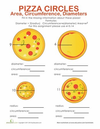 Geometry practice worksheet on circle measurements with a fun pizza design for students Circumference and area of a circle worksheet featuring a pizza-themed geometry exercise