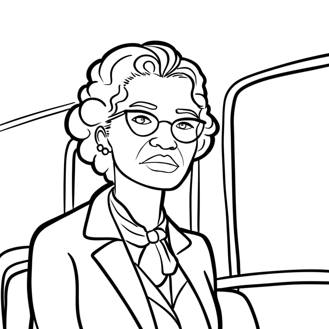 Rosa Parks Coloring Page worksheet showing a simple illustration for second graders about the Civil Rights Movement
