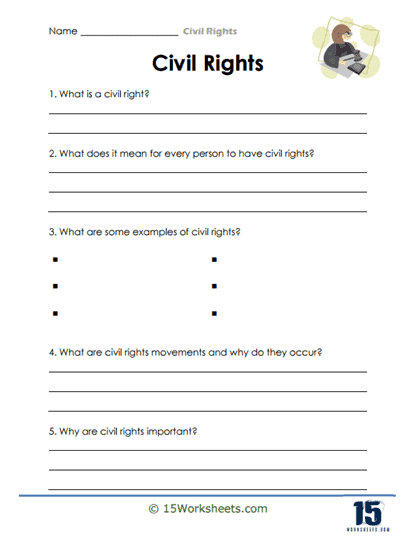 Worksheet on the Civil Rights Movement focusing on its later years for fifth graders
