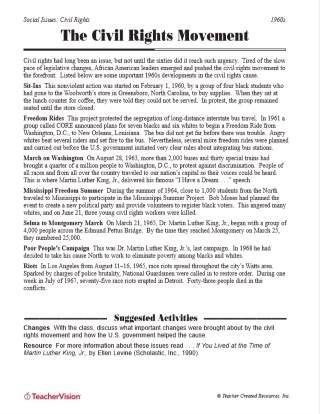 Civil Rights Movement worksheet focused on the later years and emerging issues for students. Educational resource for fifth graders exploring key events in civil rights history.