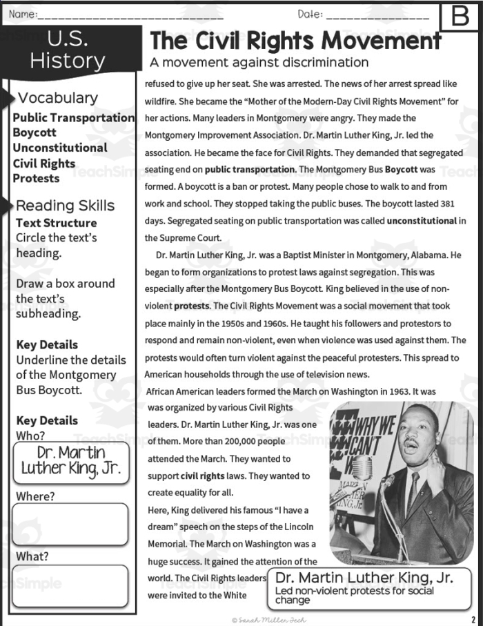 Civil Rights Movement worksheet for fifth graders focusing on later years of the movement