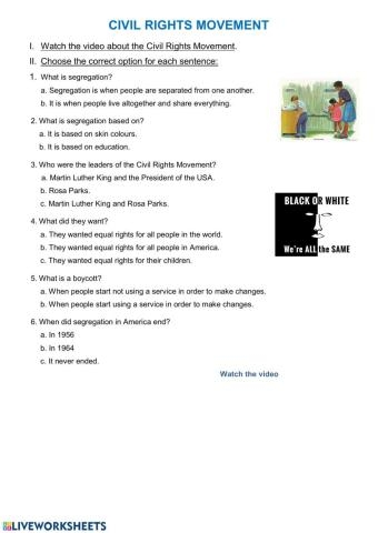 Civil Rights Movement worksheet for fifth graders focusing on later issues in the movement