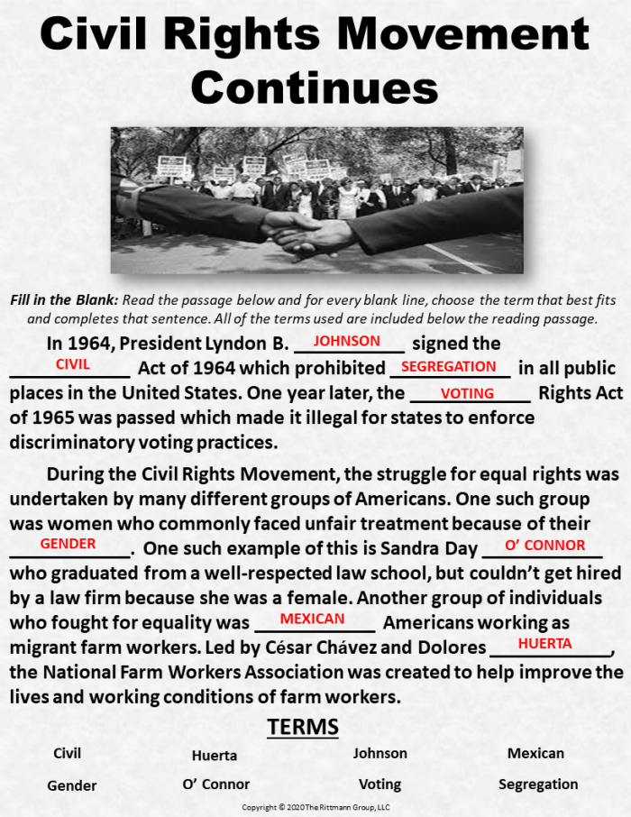 Civil Rights Movement worksheet focusing on the later years and key issues for fifth graders