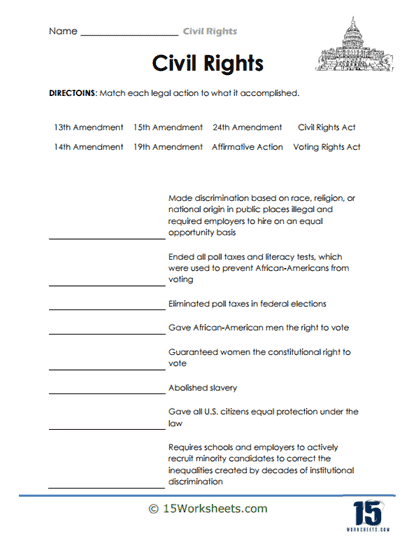 Civil Rights Movement worksheet focusing on the later years and key issues for fifth graders