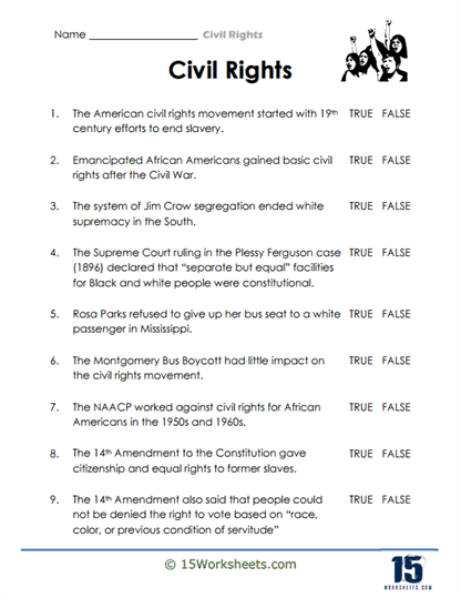 Civil Rights Movement worksheet focusing on the later developments in the movement for fifth graders
