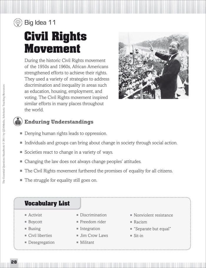 Civil Rights Movement worksheet for fifth graders, focusing on the later years and emerging issues. Educational resource for reading comprehension about the evolution of civil rights.
