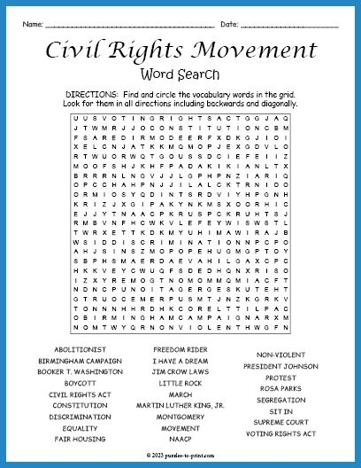 Civil Rights Movement worksheet focusing on later developments for fifth graders