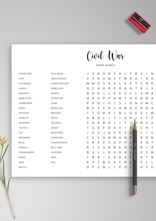 Worksheet featuring key Civil War leaders for middle school students to find in a word search Civil War generals word search puzzle for fifth grade grammar and mechanics