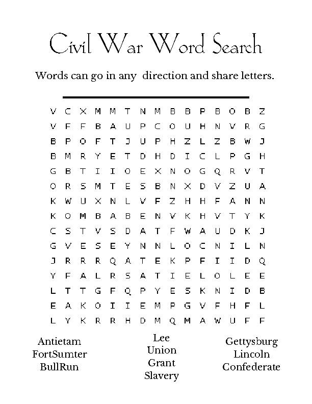 Fifth grade worksheet featuring a Civil War word search on famous generals Civil War generals word search puzzle for fifth grade students