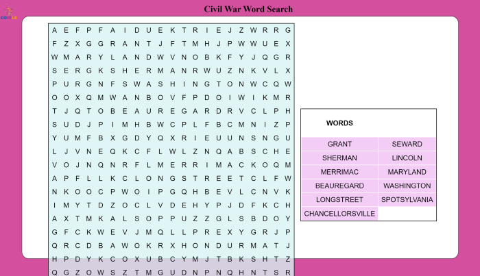 Civil War Word Search worksheet featuring famous generals from the conflict, image 19 Fifth grade Civil War generals word search worksheet for middle school students