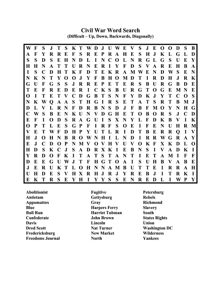 Civil War Word Search worksheet focusing on important military leaders from the conflict Fifth grade Civil War generals word search puzzle for grammar practice