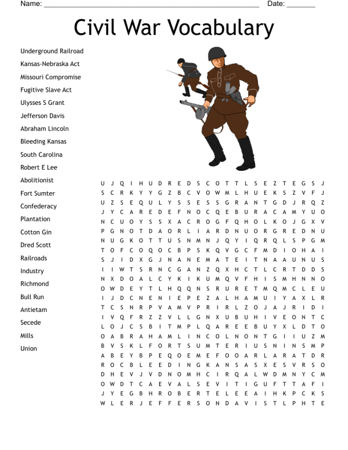 Fun Civil War generals word search activity for middle school students, image 3 Fifth grade Civil War Word Search worksheet focusing on generals from the conflict
