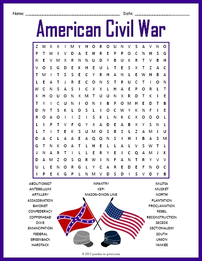 Fifth Grade Civil War Generals Word Search activity sheet number 14 Civil War Word Search worksheet featuring generals from the war for fifth graders
