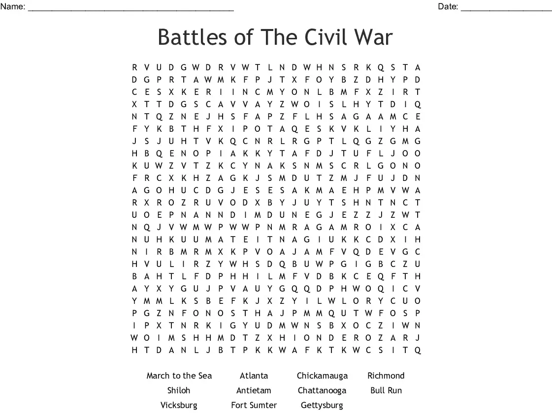 Civil War Word Search Activity Featuring Famous Generals for Fifth Graders Fifth Grade Civil War generals word search worksheet for grammar and mechanics practice