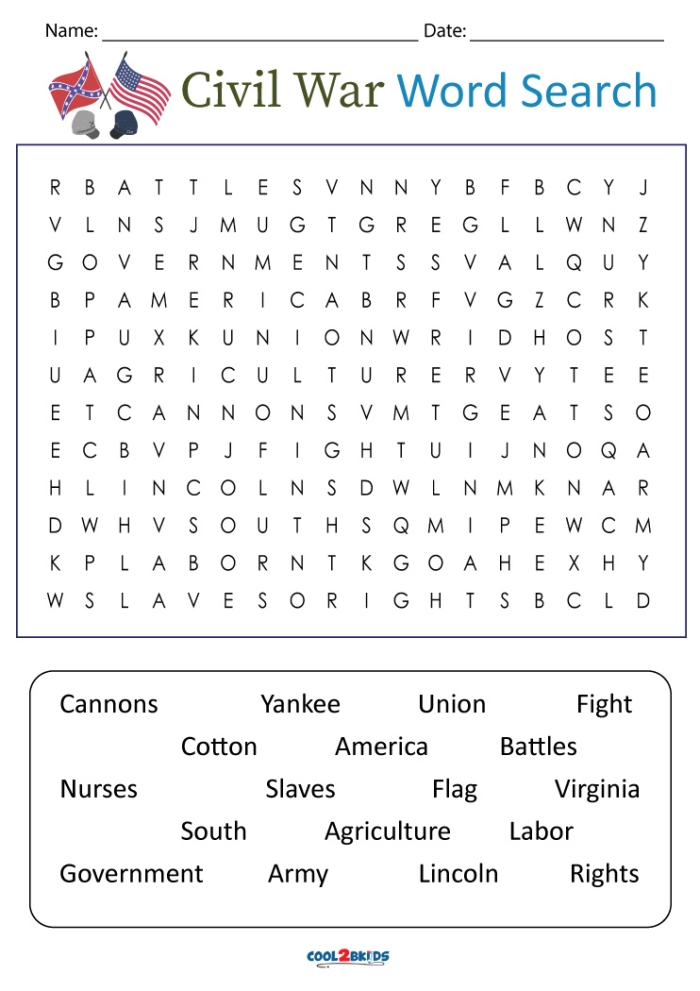 Fifth Grade Civil War Generals Word Search activity for grammar and mechanics practice Civil War Word Search worksheet featuring names of famous generals for fifth graders