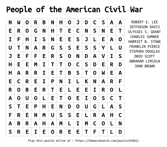 Civil War generals word search puzzle for middle school students number 10 Fifth grade Civil War Word Search worksheet featuring names of famous generals