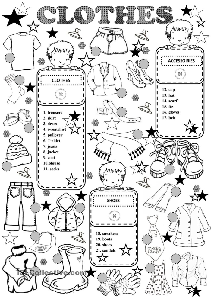 French clothing vocabulary worksheet for first graders Colorful illustration of various clothing items with their French names for kids