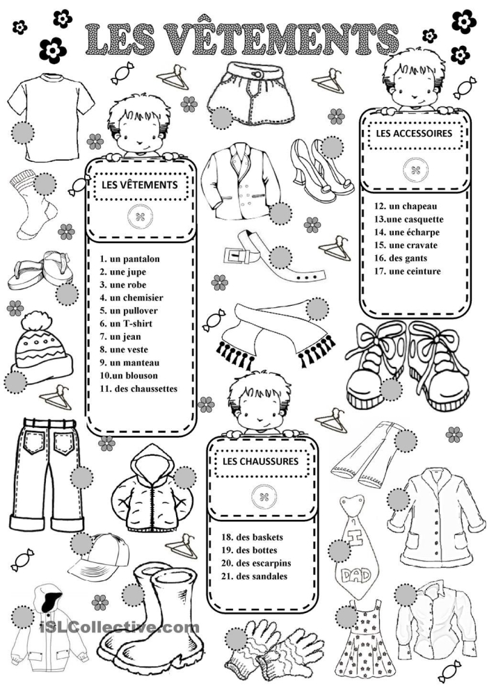 French clothing vocabulary worksheet for kids learning about fashion Colorful worksheet featuring basic clothing vocabulary in French for first graders