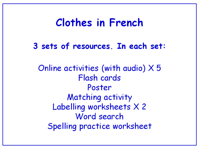 Engaging first-grade resource for learning clothes in French Colorful worksheet showcasing French clothing vocabulary for kids