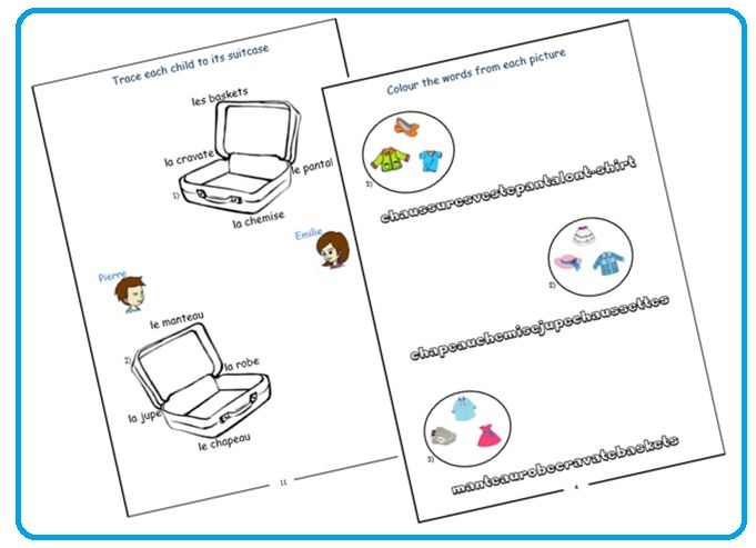 Educational resource for learning French vocabulary related to clothing Worksheet featuring clothing items in French for first graders