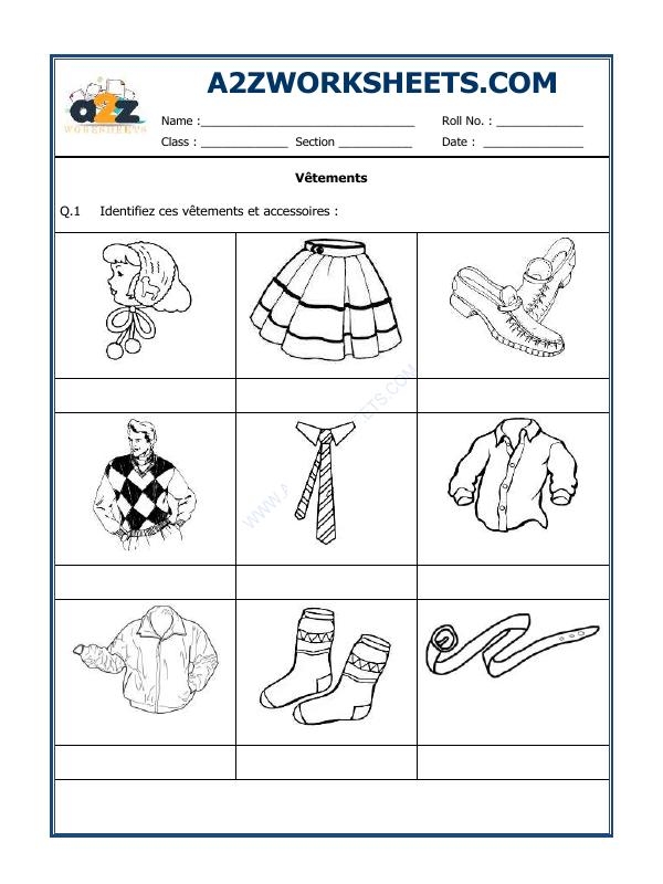 Engaging French vocabulary worksheet on clothing for young learners Colorful worksheet featuring basic clothing items in French for first graders