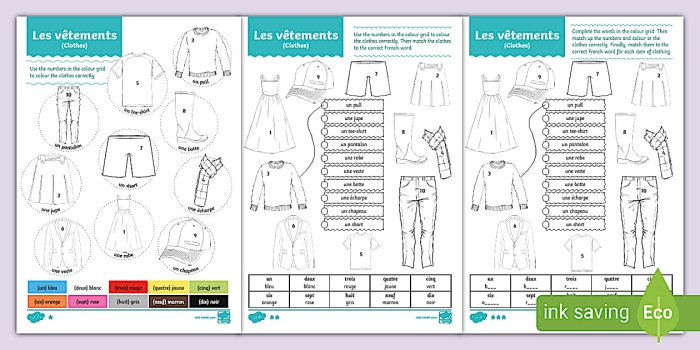 Engaging first-grade activity to learn clothing terms in French Colorful worksheet featuring French clothing vocabulary for kids