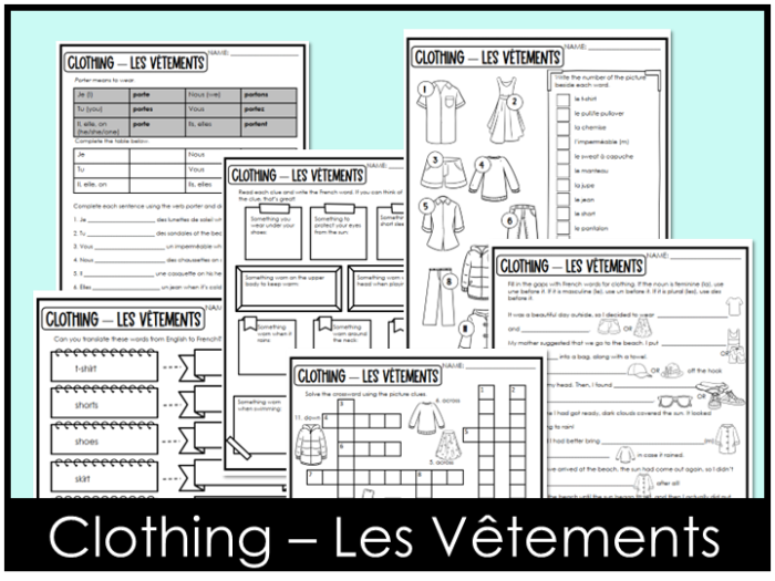 Educational resource for first graders to learn French vocabulary related to clothing Clothes in French worksheet featuring colorful illustrations of clothing items for kids