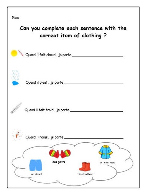 Educational resource for first graders to learn French clothing vocabulary Clothes in French worksheet featuring illustrations of various clothing items for kids