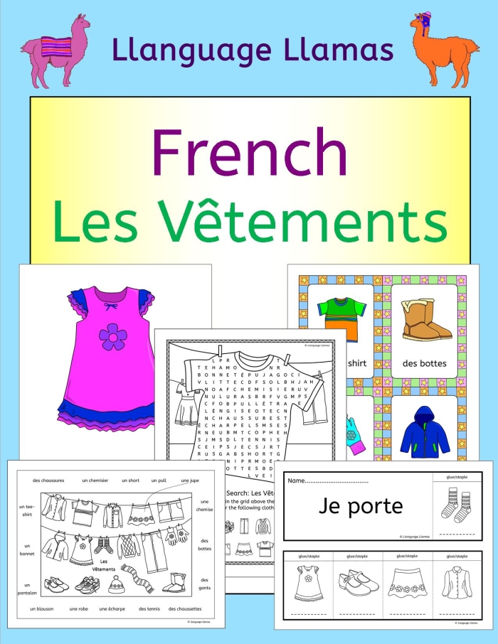 French vocabulary worksheet featuring basic clothing terms for first graders Colorful illustration of clothing items labeled in French for kids